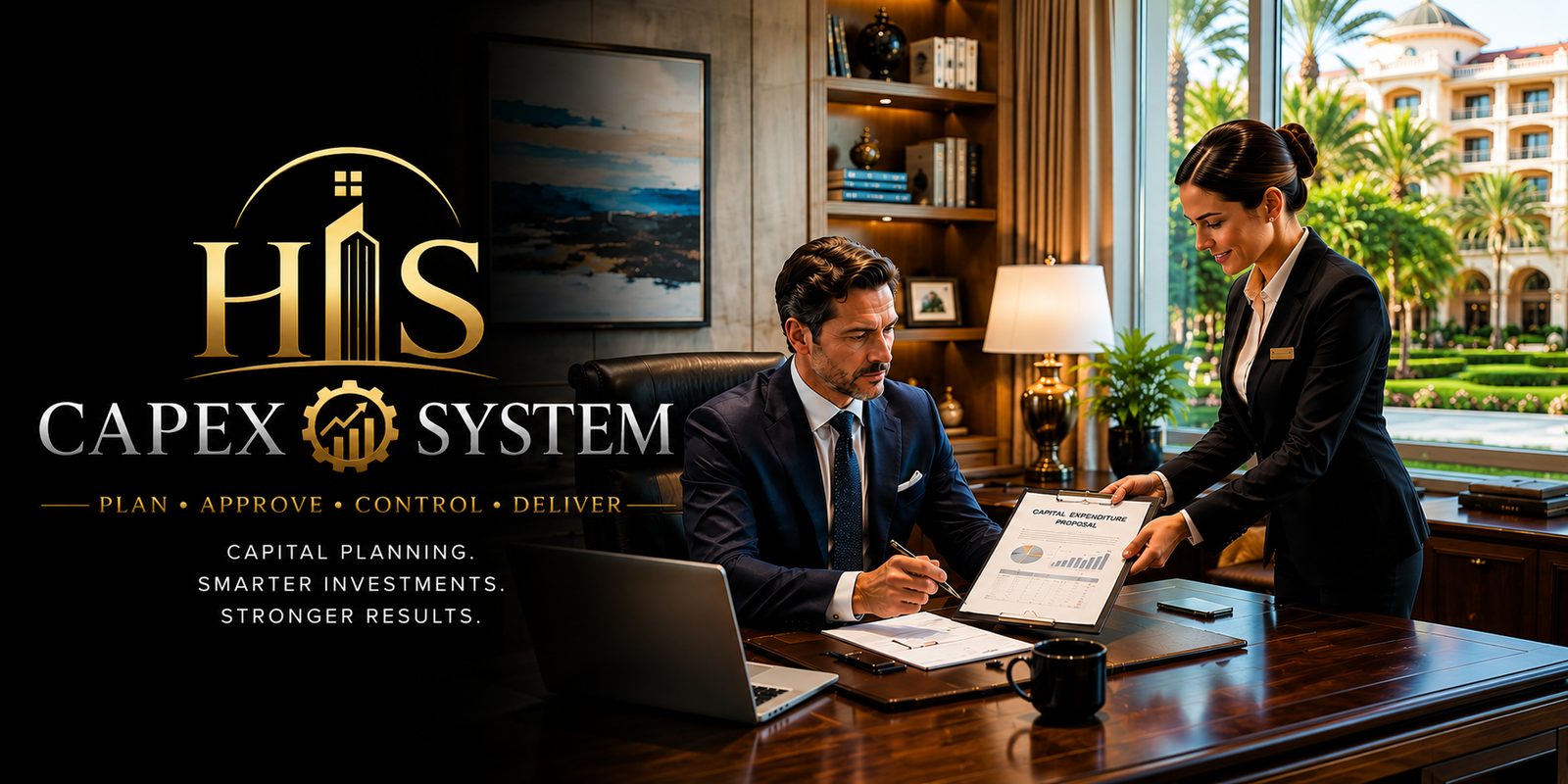 HIS CapEx System logo beside a hotel owner at his desk reviewing a Capital Expenditure Proposal a manager hands him, a resort visible through the window. Every capital decision controlled, signed and visible.