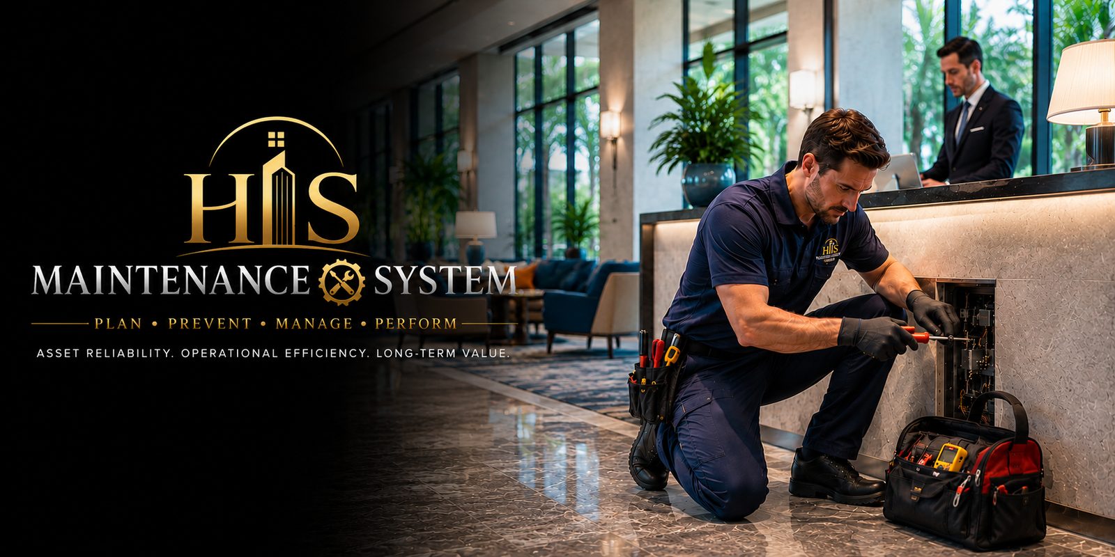 HIS Maintenance Master Control System logo beside a hotel maintenance technician on one knee servicing a fault behind a marble reception desk in a luxury hotel lobby. Log it, do it, prove it, close it.