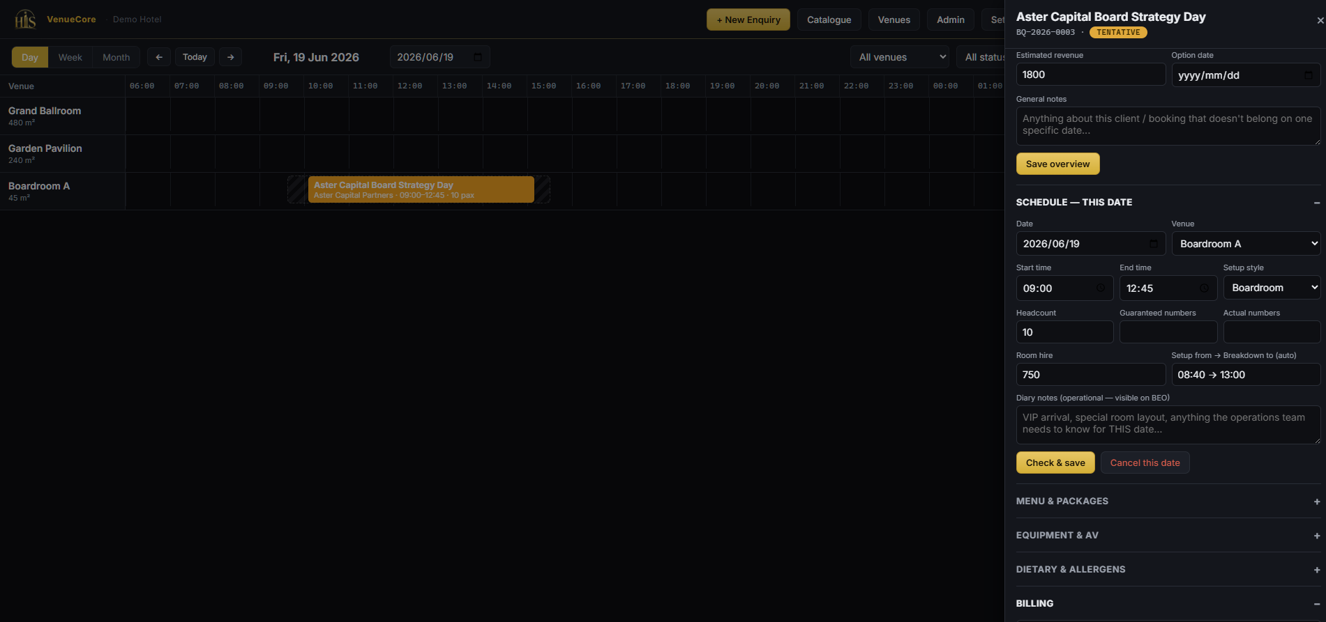 VenueCore day view with a booking open, the Aster Capital Board Strategy Day in Boardroom A, with the full booking panel showing schedule, headcount, room hire, setup and breakdown times, diary notes, and sections for menu, equipment, dietary and billing.