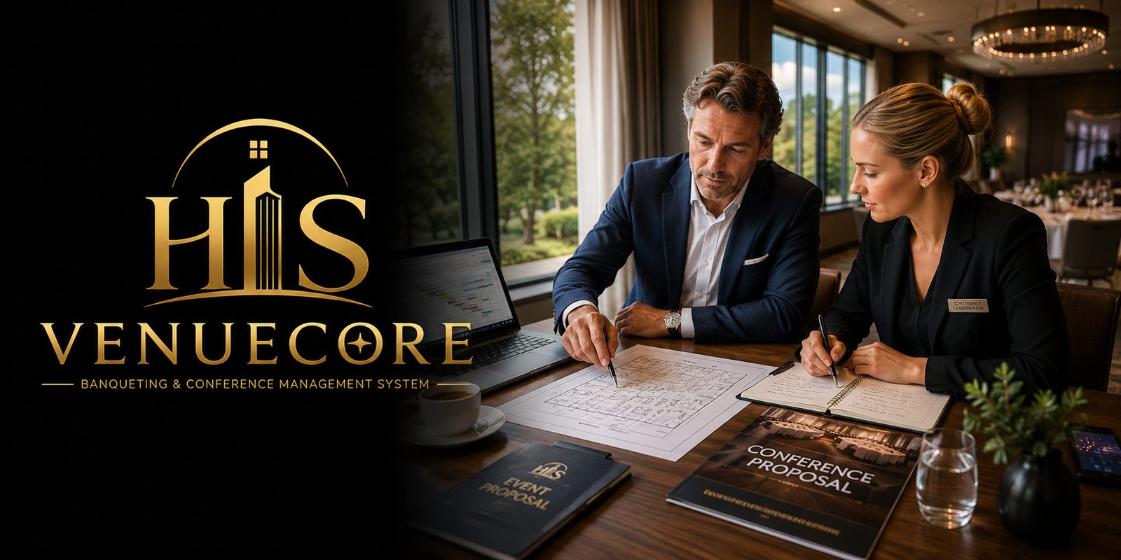 HIS VenueCore, Banqueting and Conference Management System, logo beside a hotel conference coordinator and a client reviewing a venue floor plan and event proposal. Enquire, Plan, Execute, Deliver, Bill.